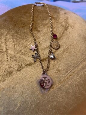 Gold-Tone Charm Necklace with Pink Accent